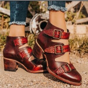 Freebird by Steven Red Brown Leather Buckle Cutout Booties
